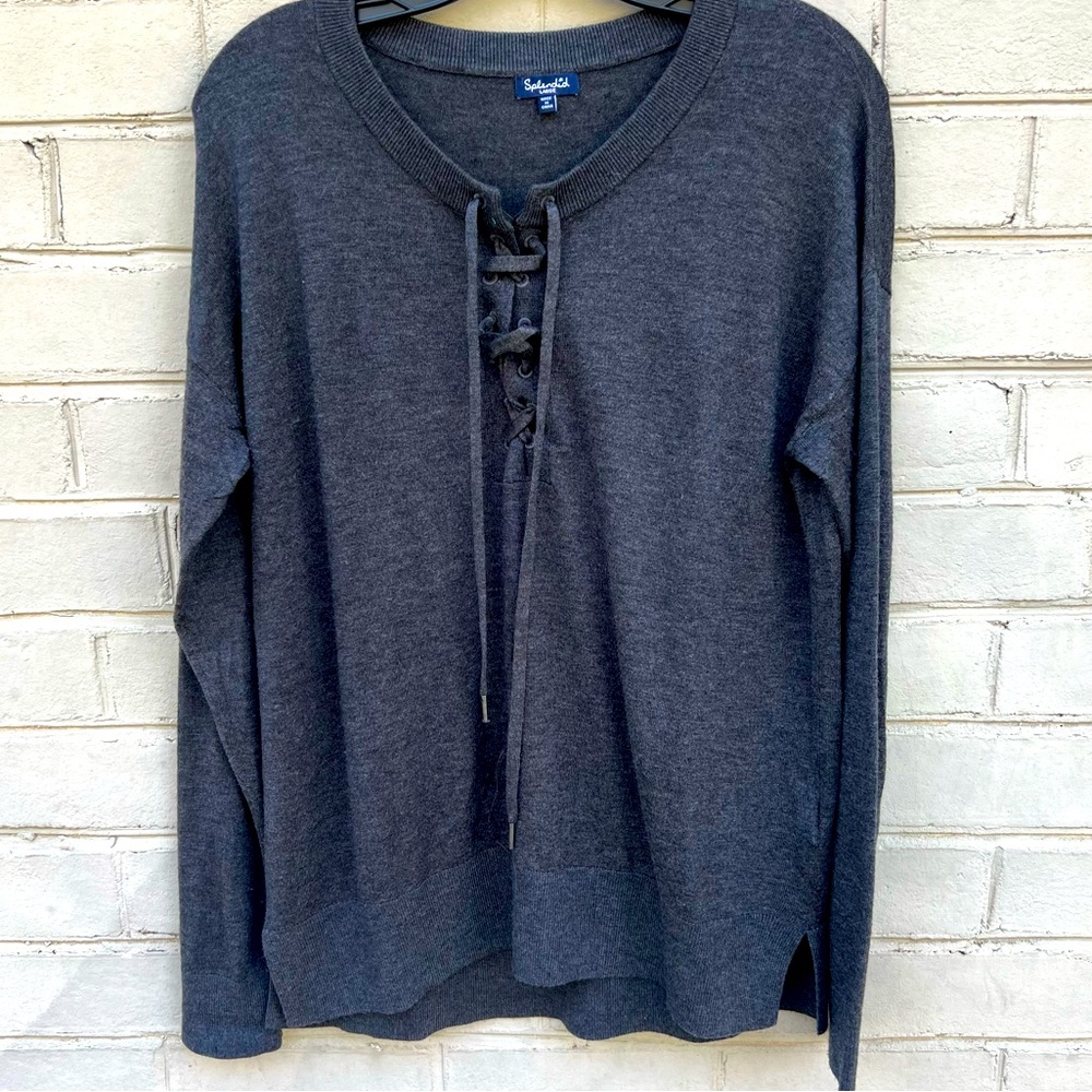 EUC Splendid Size L Grey Cashmere Blend Sweater Top Lace Up Collar Boxy